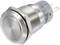 Metal switch with round push button, silver-coloured, with threading for mounting. Suitable for electronic devices as an on/off switch.