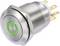 Silver push button with green illuminated symbol for 'On/Off'. The button has a knurled surface and three golden connection terminals.