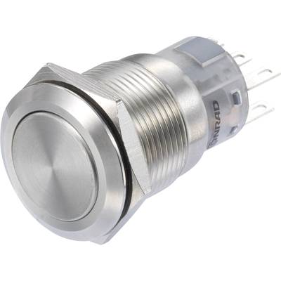 A round, silver metal switch with threading for mounting and connection pins on the back, suitable for electronic applications.