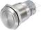 A round, silver metal switch with threading for mounting and connection pins on the back, suitable for electronic applications.