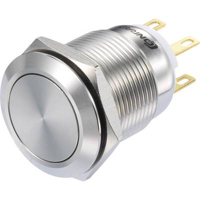 A round, silver push switch with three gold-coloured terminals. Suitable for electronic applications.
