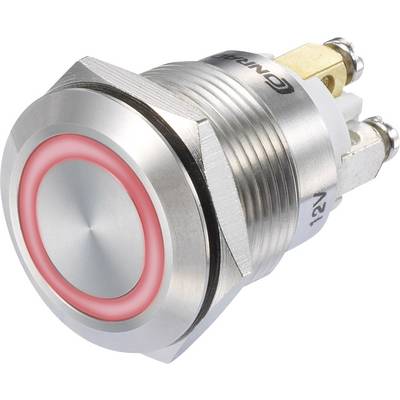 A round, silver metal button with an illuminated red ring, suitable for control panels or control devices. The button has three connection contacts.