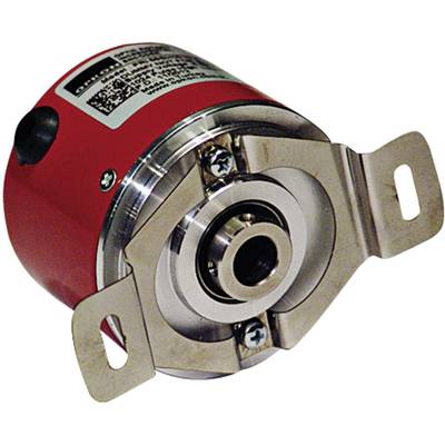 A red rotating encoder with metallic mountings, side view. Used for position and speed determination.