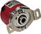 A red rotating encoder with metallic mountings, side view. Used for position and speed determination.