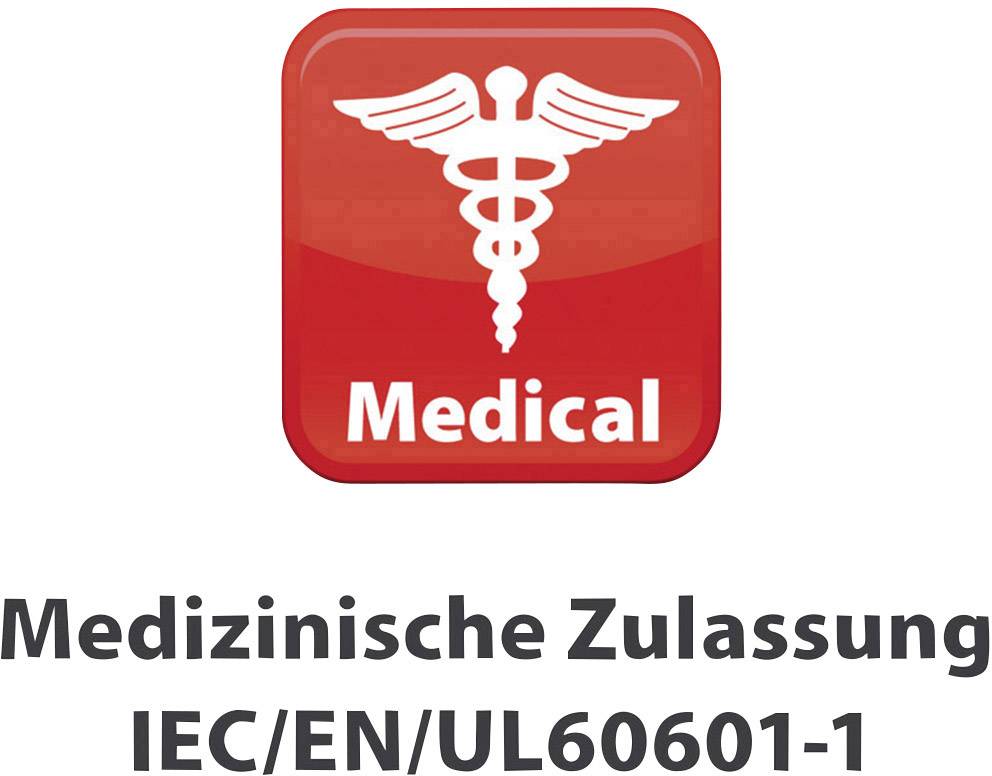 'Medical' logo with a caduceus (staff with snakes) on a red background. Text underneath: 'Medical Certification IEC/EN/UL60601-1'. Symbol for medical standards.