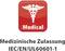 'Medical' logo with a caduceus (staff with snakes) on a red background. Text underneath: 'Medical Certification IEC/EN/UL60601-1'. Symbol for medical standards.