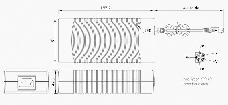 Technical drawing of a power supply unit with cable and LED indicator. Dimensions: 183.2 x 81 mm. Connector: Kycon KPP-4P or equivalent.