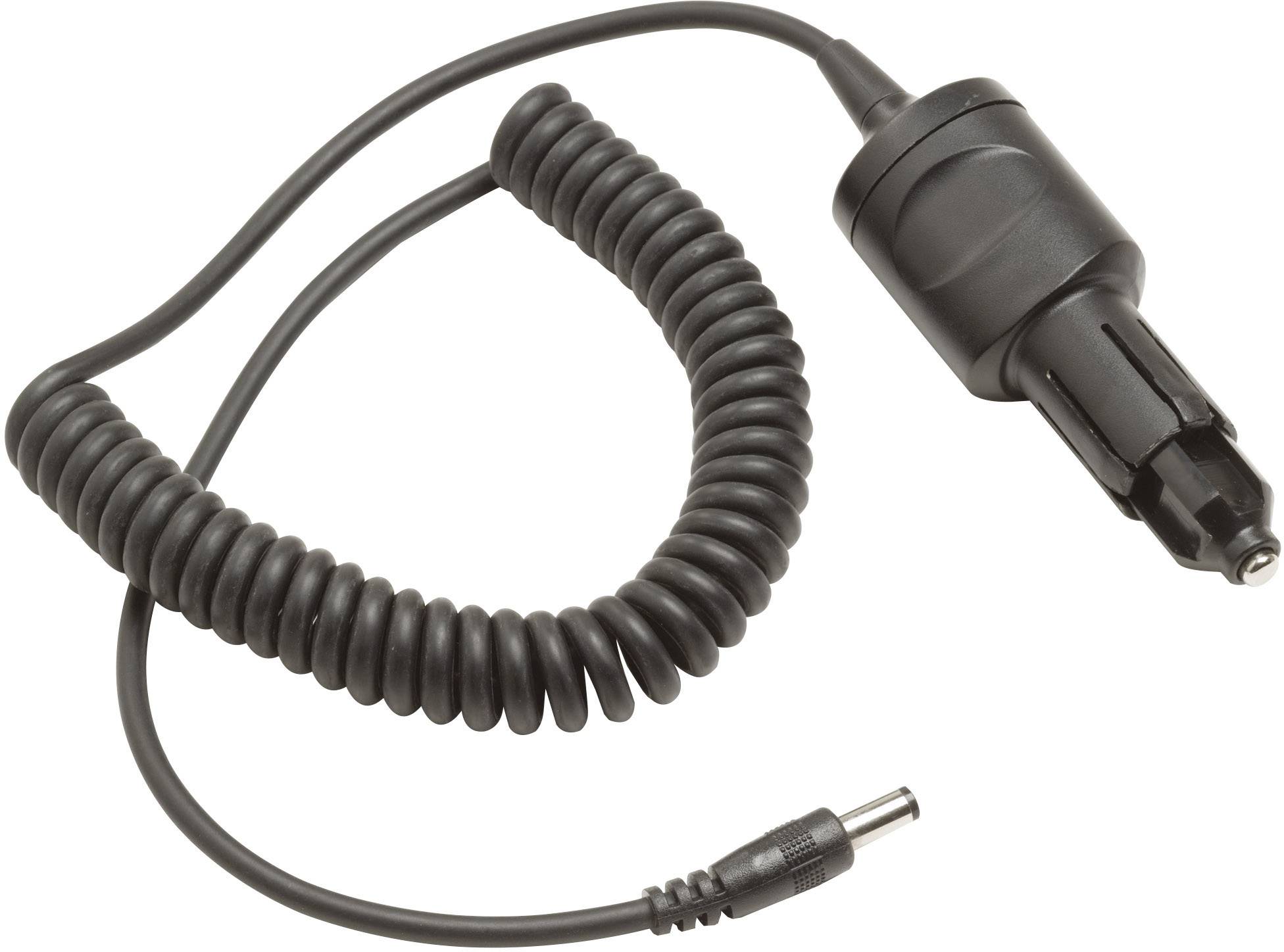 A black coiled cable with a car cigarette lighter plug on one side and a DC plug on the other side.