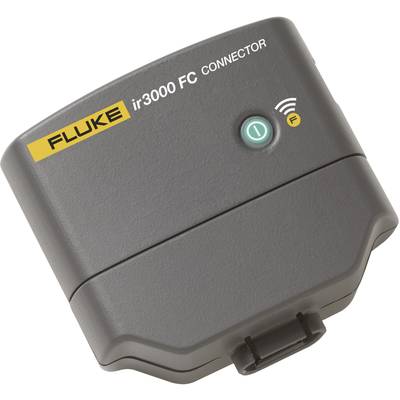 A black Fluke ir3000 FC Connector device with an illuminated green button, integrated wireless communication symbol, and yellow Fluke logo.