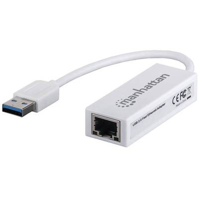 A Manhattan USB to Ethernet adapter in white with a USB 3.0 plug and Ethernet port for network connections.
