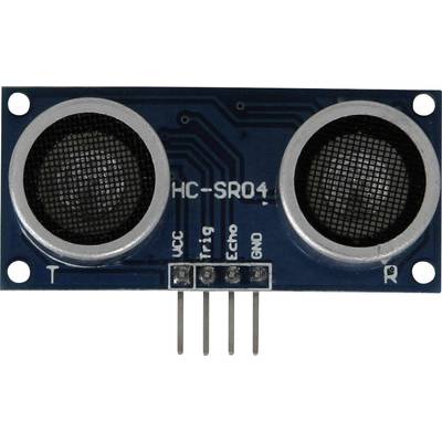 An ultrasonic distance sensor module with two round openings and four pins at the bottom, labelled 'VCC', 'Trig', 'Echo', 'GND'.
