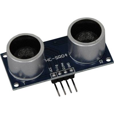 Ultrasonic sensor module HC-SR04 with two round transducers and four pin headers, used for distance measurement.
