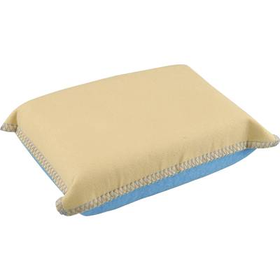 A rectangular cushion with beige fabric on top and a blue underside. It features decorative stitching along the edges.