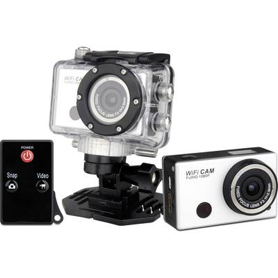 Sports camera with waterproof housing, resting on a mount. Next to the camera are a remote control and a spare camera.