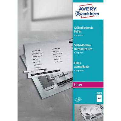 Avery Zweckform self-adhesive transparent film sheets, suitable for laser printers, A4 format, 100 sheets per pack.