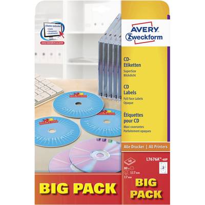 Avery-Zweckform L7676A-40P  Ø 117 mm Paper White 80 pc(s) Permanent adhesive CD labels Inkjet, Laser