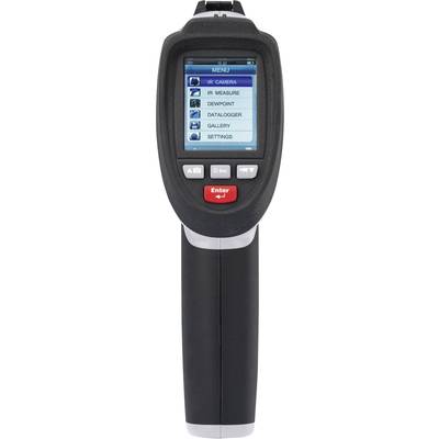 A portable infrared thermometer with a screen displays menu items: 'IR Camera', 'IR Measurement', 'Dew Point', 'Data Logger', 'Gallery', 'Settings'.