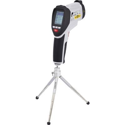 Infrared thermometer mounted on a tripod with digital display, showing temperature measurements. Ideal for precise, non-contact measurements.