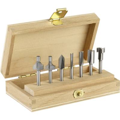 An open wooden box containing six different metal drill bit attachments, arranged on a holder inside the box.