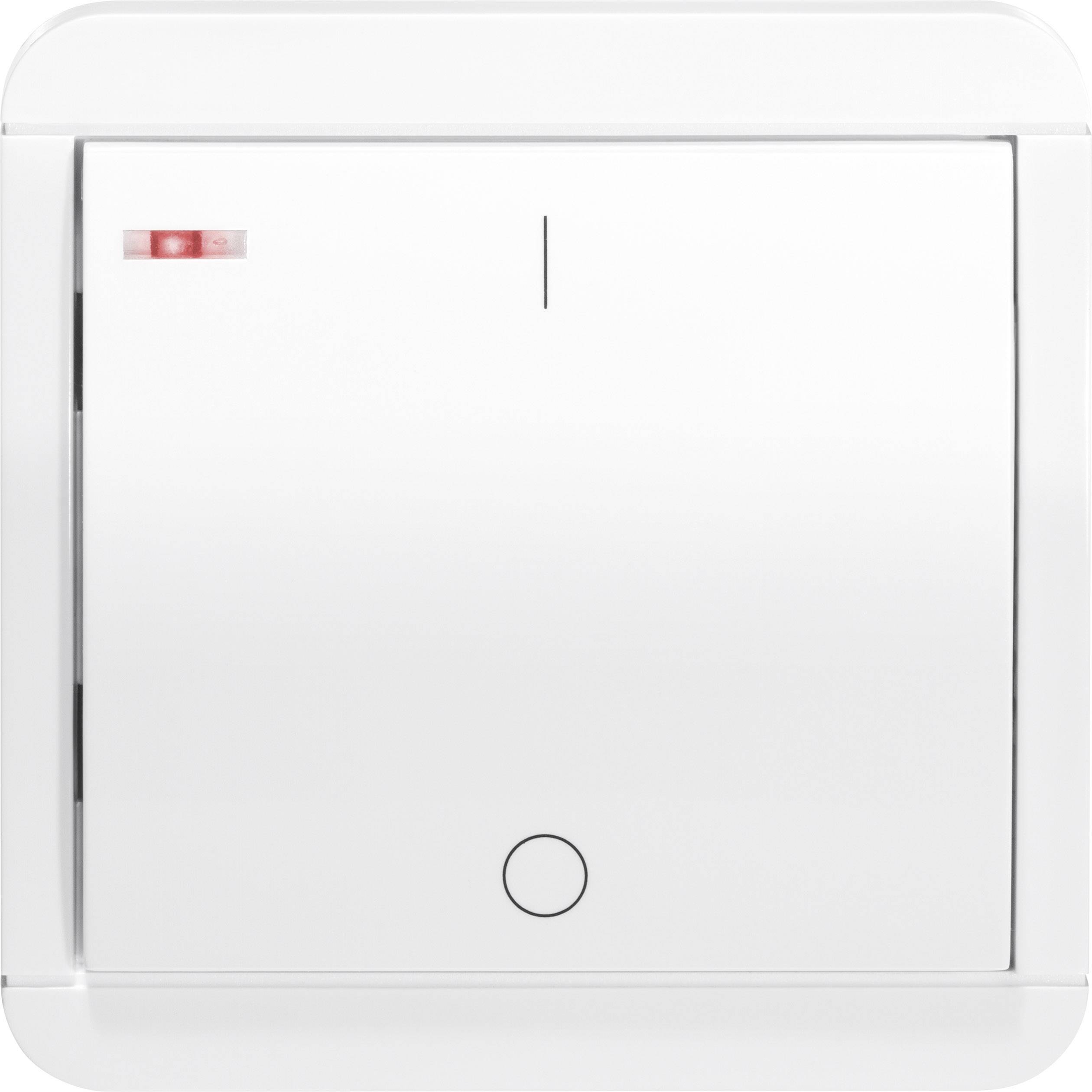 A white light switch with a small red indicator light, in a square shape, mounted on a white wall.