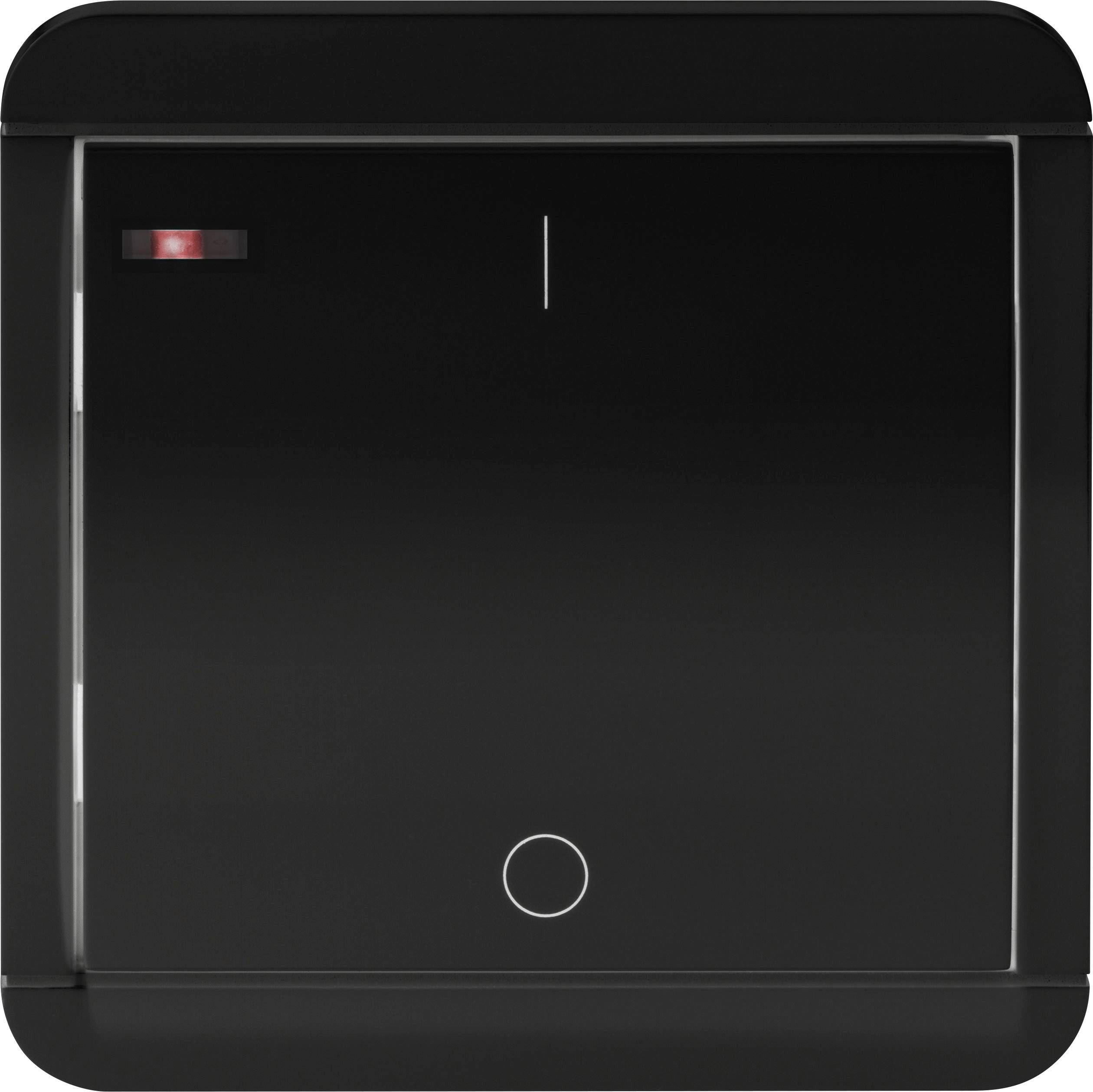 A black light switch with a red indicator.