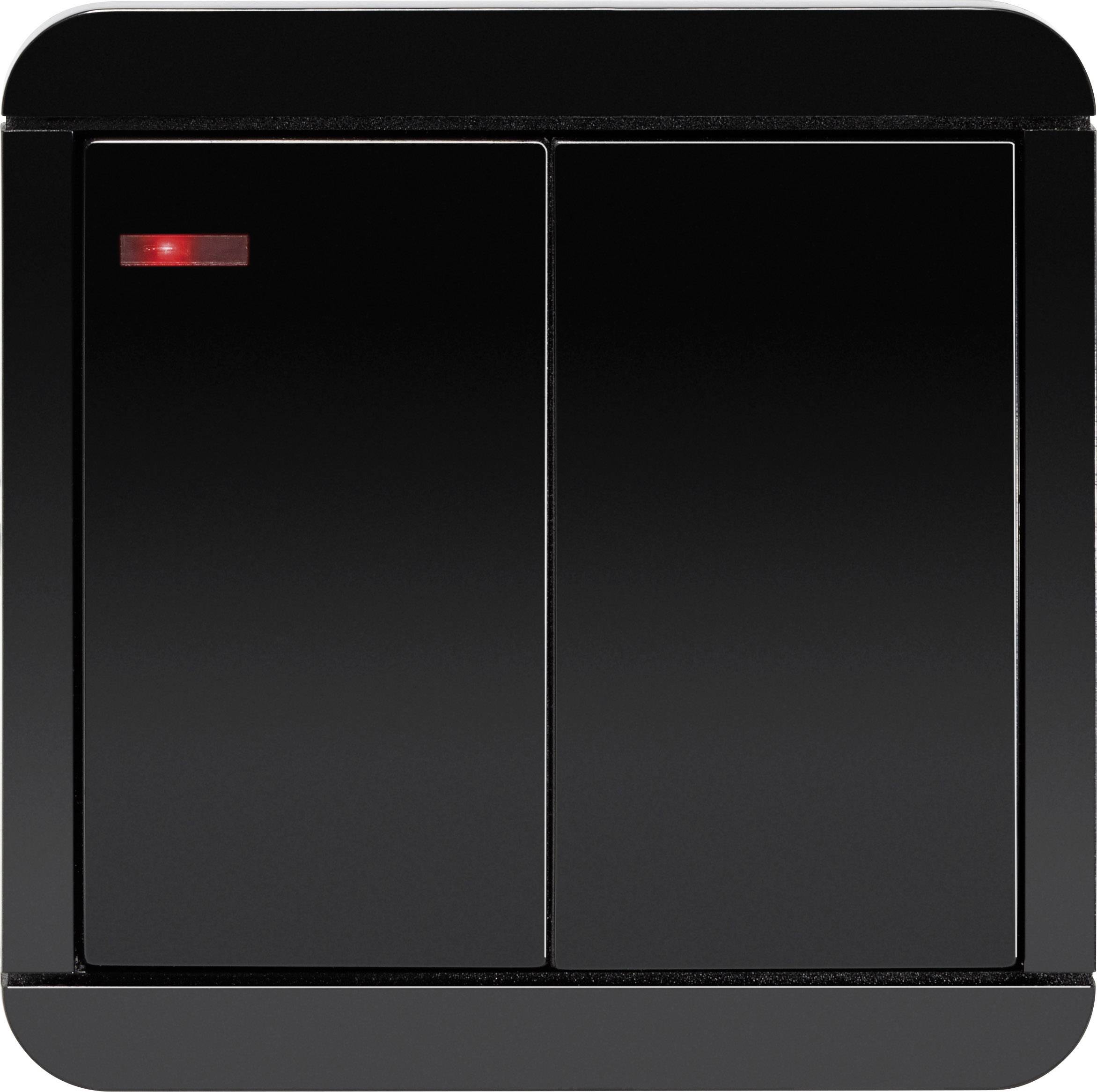 A black double switch with a small red light in the top left corner, indicating that the right side is switched on.