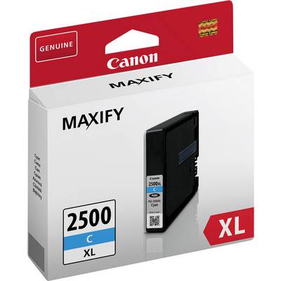 A Canon MAXIFY XL Cyan ink cartridge, with a 2500-page capacity. Packaging in red and white with the 'Genuine Canon' logo in the top left corner.