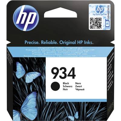 HP Ink Cartridge 934 in Black. Packaging features blue butterflies and highlights precise, reliable, original HP inks.
