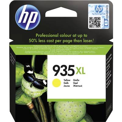 'HP 935XL Ink Cartridge, Yellow, professional colour up to 50% cheaper per page than laser, with image of butterfly on leaves.'
