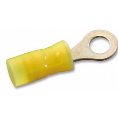 Yellow cable lug with ring terminal, suitable for securing cables to screws or bolts, with insulated plastic sleeve.