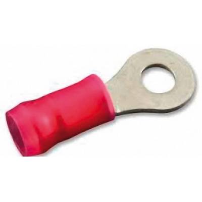 Red cable lug with round pin terminal, used for secure electrical connection.
