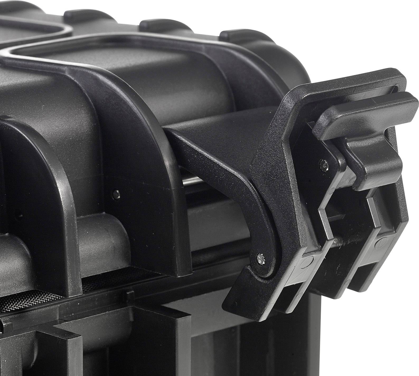 Close-up of a black, robust plastic lock on a suitcase. The material's structure is visible and demonstrates stability.