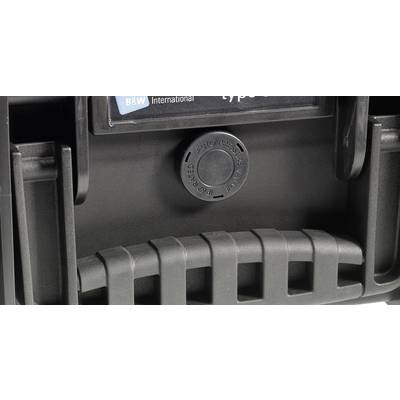 'Close-up of a black plastic handle with marked automatic air release and B&W International logo in the background.'