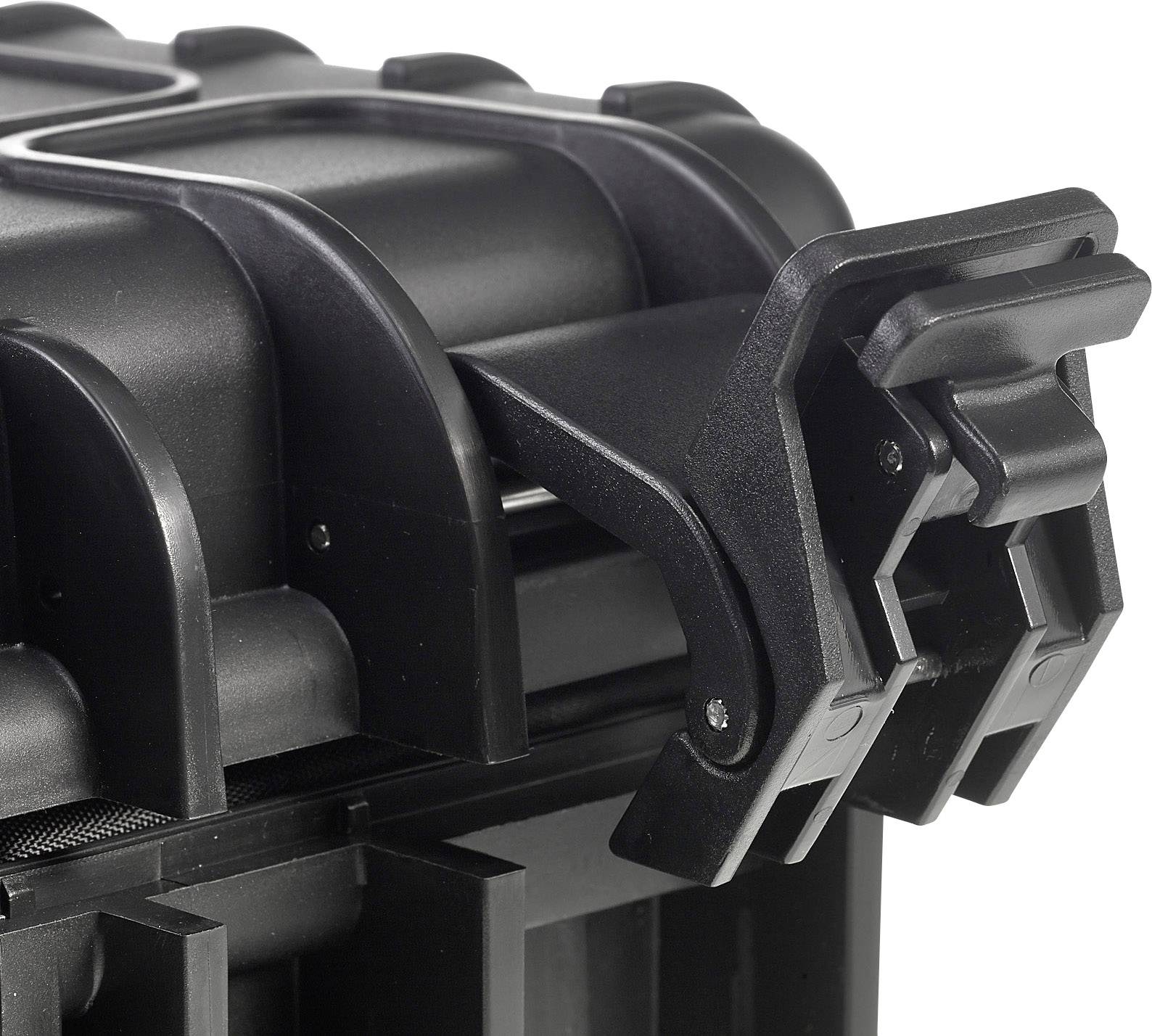 Detailed view of a robust, black suitcase with reinforced corners and a sturdy locking mechanism.