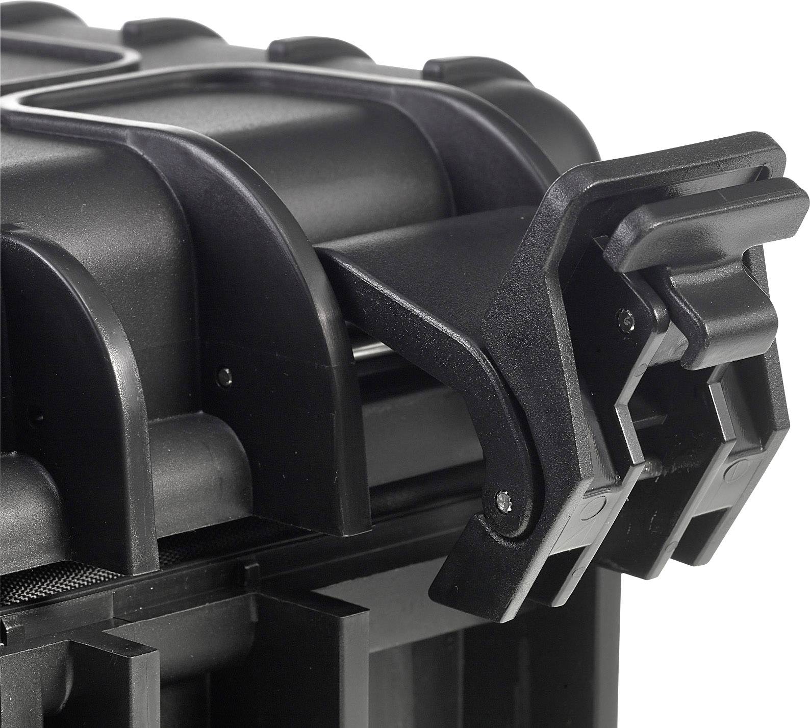 Closure of a robust, black protective case designed for secure transportation and protection of sensitive equipment.