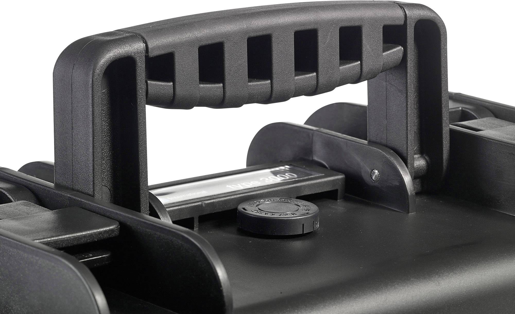 Black carrying handle on a device, robustly designed, with a ribbed grip for better hold.