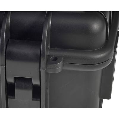 A black, robust suitcase with reinforced corners and a sturdy locking mechanism, suitable for secure transportation.