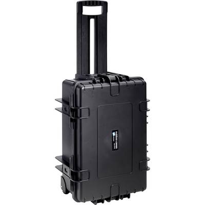 Black, robust rolling suitcase with telescopic handle, suitable for the secure transportation of delicate equipment or tools.