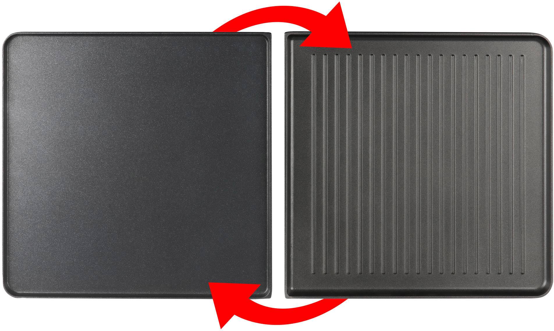 Two interchangeable grill plates, one smooth and one ridged, with red arrows indicating the process of switching between them.