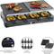 Raclette Grill with two cooking surfaces: cast iron plate with steak, granite plate with vegetables. Underneath, eight small pans with cheese.