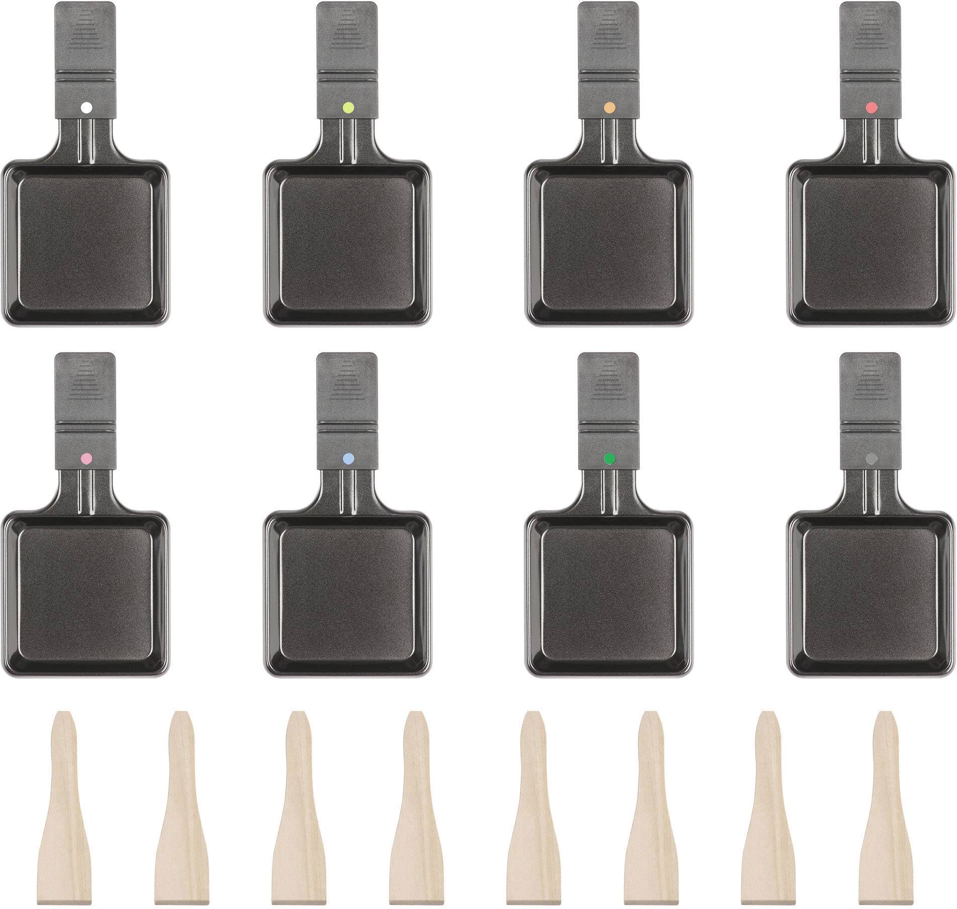 Eight raclette dishes with colourful handles and twelve wooden spatulas, evenly arranged on a white background.