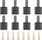 Eight raclette dishes with colourful handles and twelve wooden spatulas, evenly arranged on a white background.