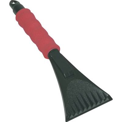 Black and red ice scraper with an ergonomic handle and a sharp blade for removing ice from car windows.