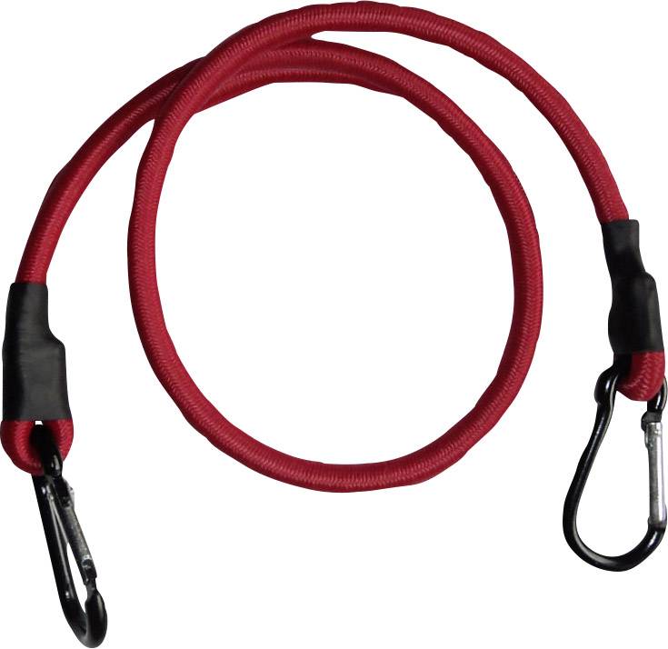 Red elastic bungee cord with two black hooks at each end.