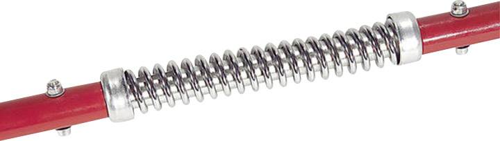 Red metal rod with a silver spiral spring in the centre, secured with screws.