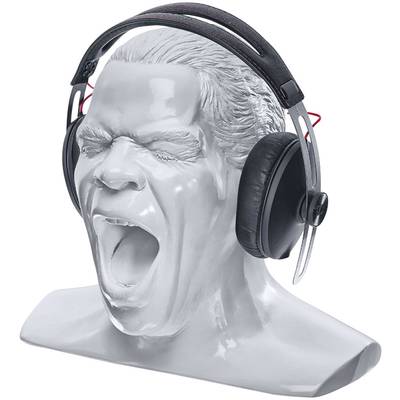 Bust of a man with an open mouth, as if screaming, wearing black headphones.