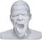 White, gleaming sculpture of a screaming man with a closed mouth and hair styled to appear combed back.