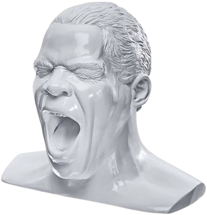 Bust of a screaming man, with closed eyes and mouth wide open, in gleaming grey material.