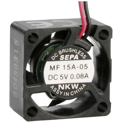 A small, square fan with the inscription 'DC Brushless Fan, Model MF 15A-05, DC 5V 0.08A'. Cable in red and black.