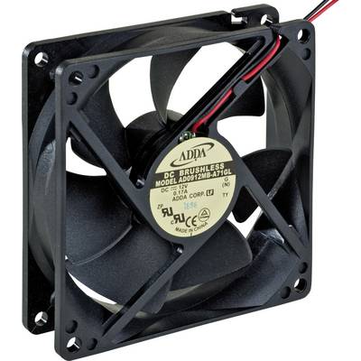 A black computer fan with a label in the centre showing technical specifications and model number. The fan has red and black cables.